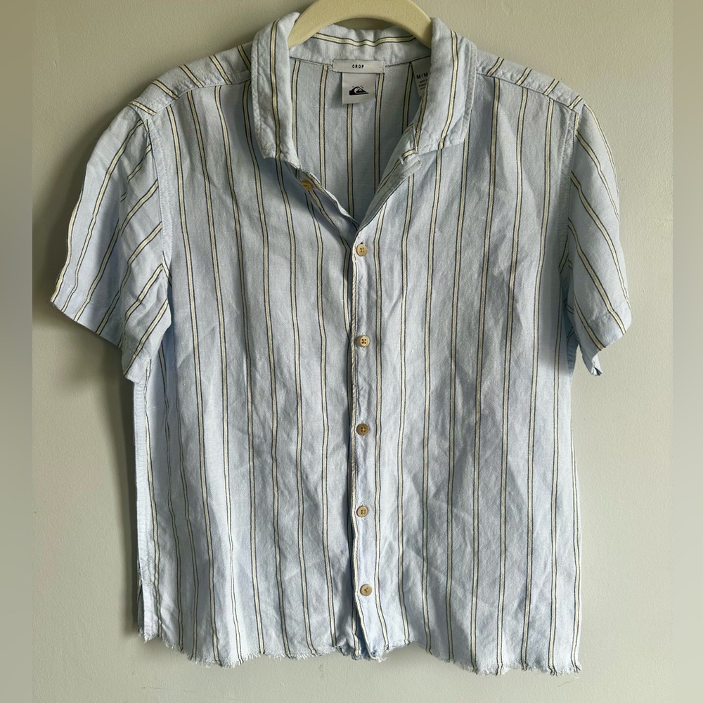 Quicksilver Striped Linen-Blend Short Sleeve Cropped Button Down